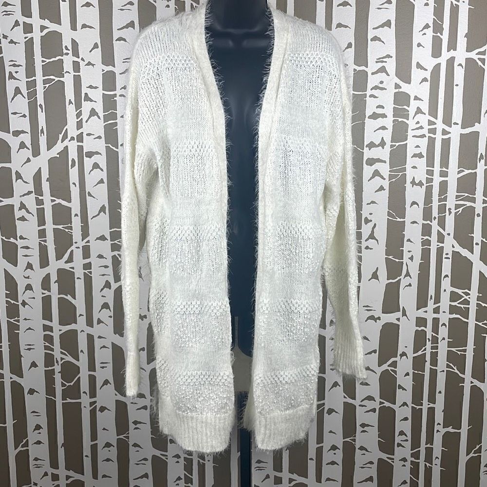 Alya Eyelash Popcorn Metallic Knit Open Front Longline Cardigan Sweater M Ivory